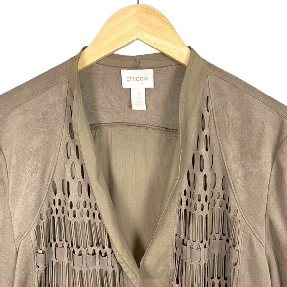 Chico's Women's XL Tan Faux Suede Fringe Lattice Ribbon Cutout Jacket - Picture 8 of 11